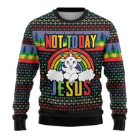 Rainbow graphic ugly Christmas sweater, black base with “NOT TODAY JESUS” and bunny