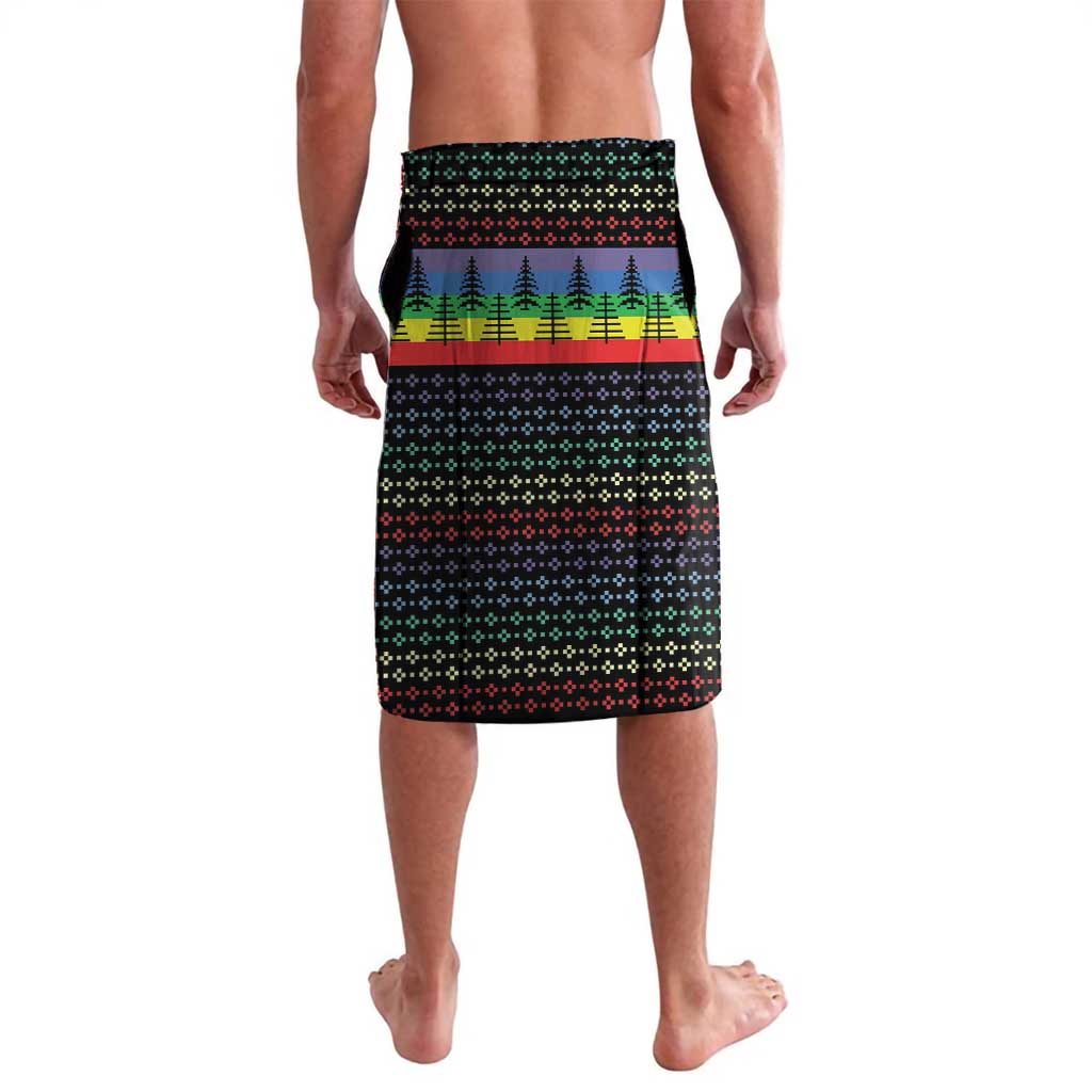 Men's black lavalava wrap skirt, colorful horizontal band with pine trees