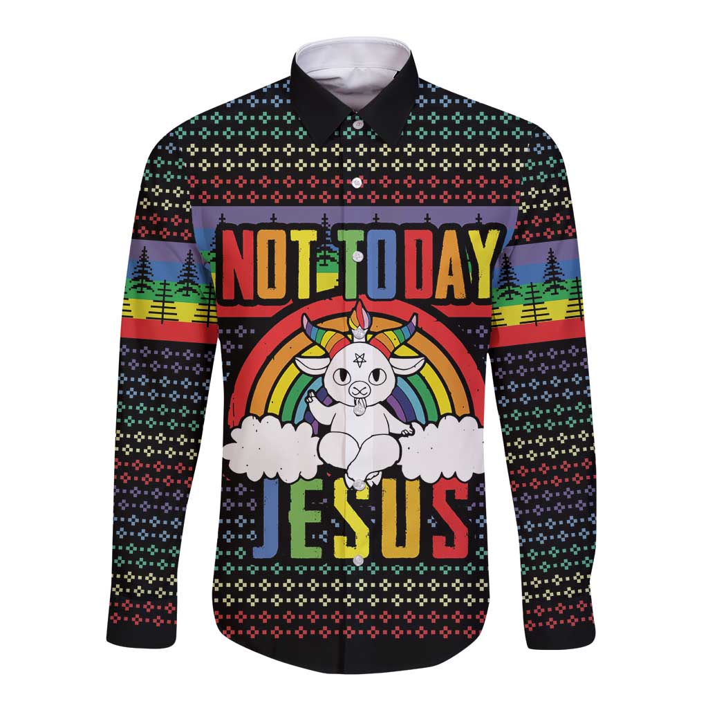 Unisex long sleeve button shirt, black with rainbow 'Not Today Jesus' front graphic