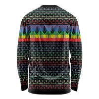 Black long-sleeve shirt with Christmas tree pattern and rainbow band on back