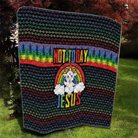 Black Christmas quilt with rainbow band, trees, unicorn graphic, 'NOT TODAY JESUS' text