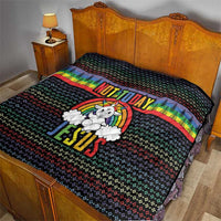 Black quilt on bed with rainbow stripe, pine trees, unicorn 'NOT TODAY JESUS' design