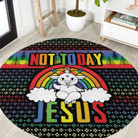 Round black rug with 'NOT TODAY JESUS' lettering, rainbow arch, and cloud detail