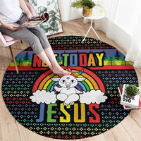 Round black holiday rug with 'NOT TODAY JESUS' graphic and rainbow arch center