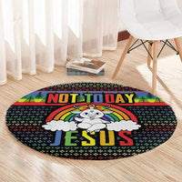 Round black Christmas rug with rainbow arch artwork and 'NOT TODAY JESUS' title