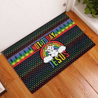 Black rubber doormat on wooden entry floor, “NOT TODAY” rainbow stripe and “JESUS”