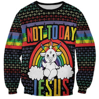 Black unisex sweatshirt with rainbow "Not Today" unicorn dog front graphic