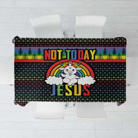 Black tablecloth with rainbow Christmas design and large “Not Today Jesus” print.