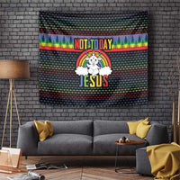 Christmas tapestry wall hanging with rainbow text, angel unicorn, and pine tree pattern