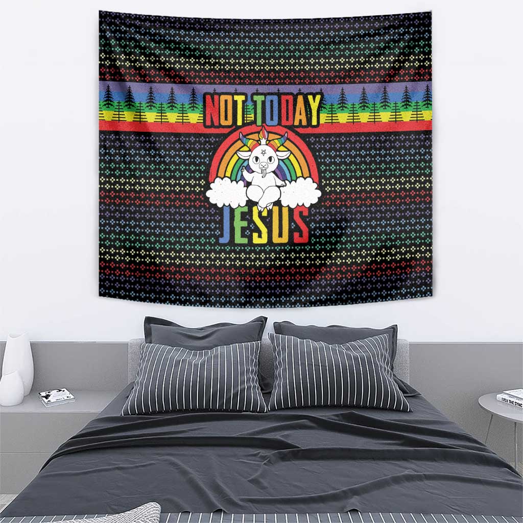Rainbow Christmas tapestry wall hanging featuring angel unicorn and “NOT TODAY JESUS”