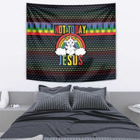 Rainbow Christmas tapestry wall hanging featuring angel unicorn and “NOT TODAY JESUS”