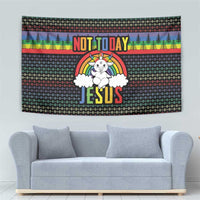 Christmas tapestry wall hanging with “NOT TODAY” lettering, unicorn angel, and festive trees