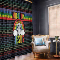 Rainbow Christmas window curtain on window, black with rainbow unicorn and 'NOT TODAY JESUS' text