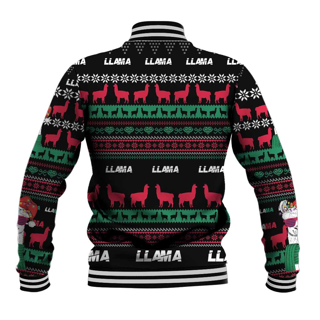 Black llama Christmas baseball jacket back, striped rib hem, fair isle pattern