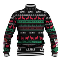 Black llama Christmas baseball jacket back, striped rib hem, fair isle pattern