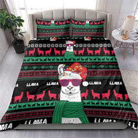 Black llama bedding set with green and red patterned llama portrait on duvet