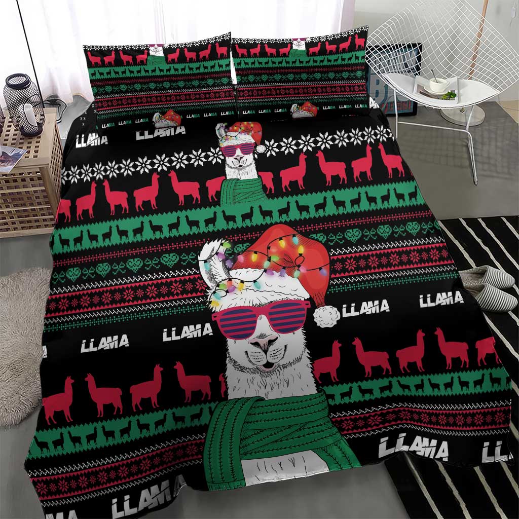 Black bedding set with llama portrait and holiday pattern on duvet and pillows