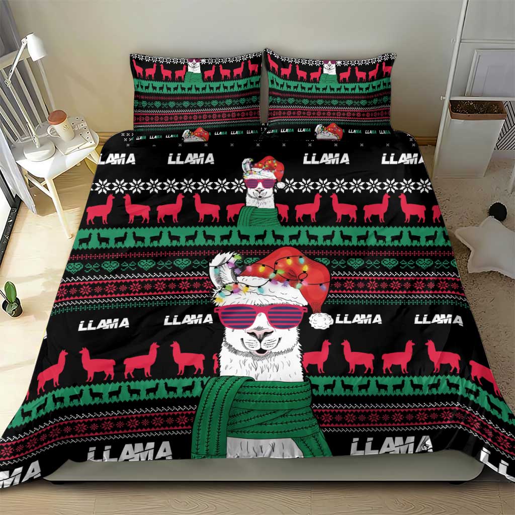 Black bedding set with colorful llama graphic and festive red-green stripe design