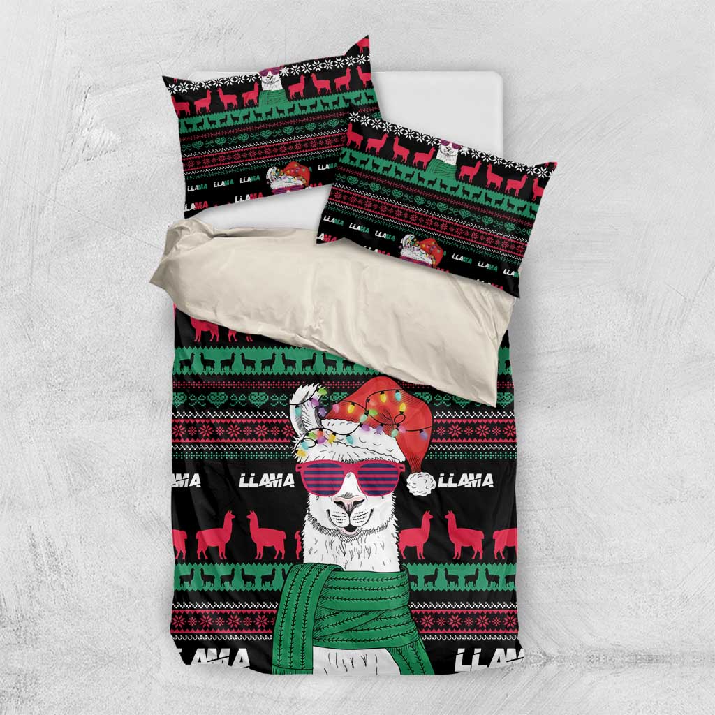 Black bedding set laid flat with llama portrait and striped holiday pattern