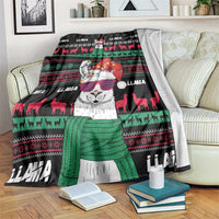 Black llama Christmas blanket with colorful sweater-style llama and festive pattern borders.