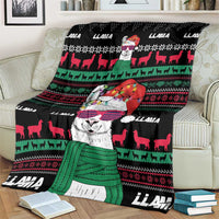 Black Christmas llama blanket on couch with sweater-style llama graphic and patterned holiday trim.