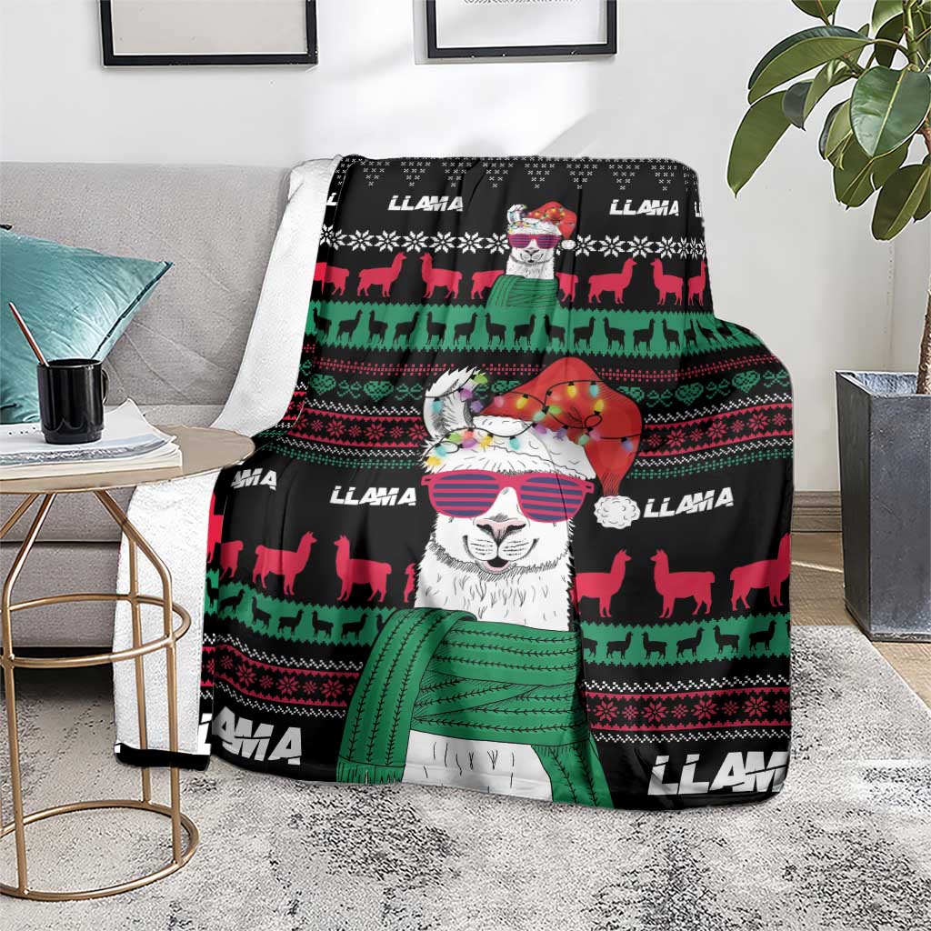 Black llama throw blanket with large llama artwork and red-green festive stripe design.