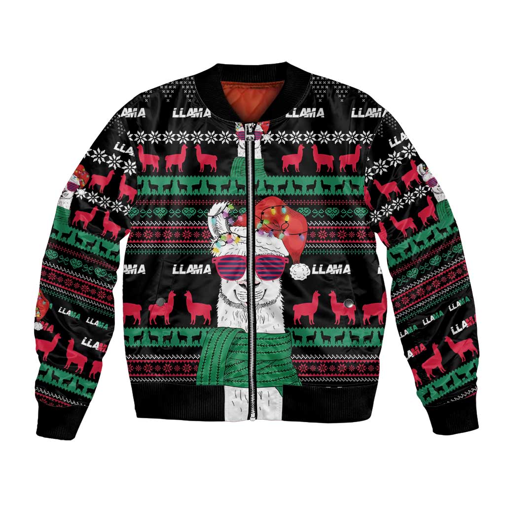 Unisex black bomber jacket with colorful llama Christmas graphic print and full zipper
