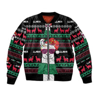 Unisex black bomber jacket with colorful llama Christmas graphic print and full zipper