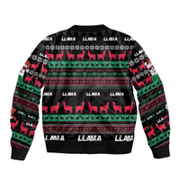 Unisex black bomber jacket back with colorful llama Christmas striped pattern