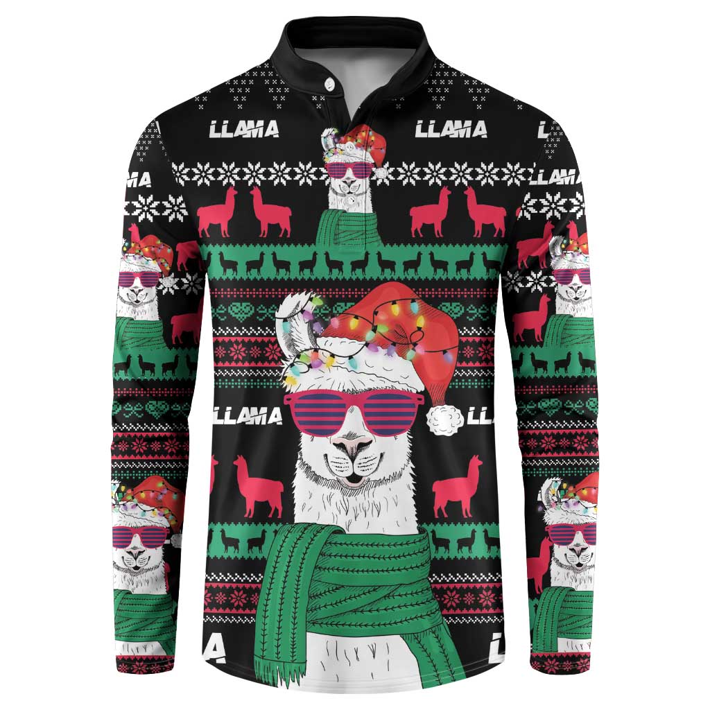 Black button-front sweatshirt with llama Christmas graphic and festive pattern sleeves