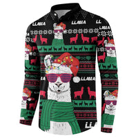 Black button-front sweatshirt with large llama face, sunglasses, and winter motif