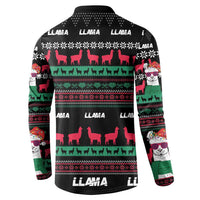 Black long-sleeve sweatshirt with all-over llama and snowflake holiday pattern