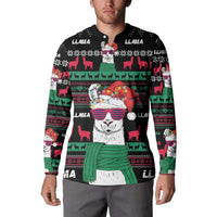 Black button-front sweatshirt with llama holiday character graphic and green scarf