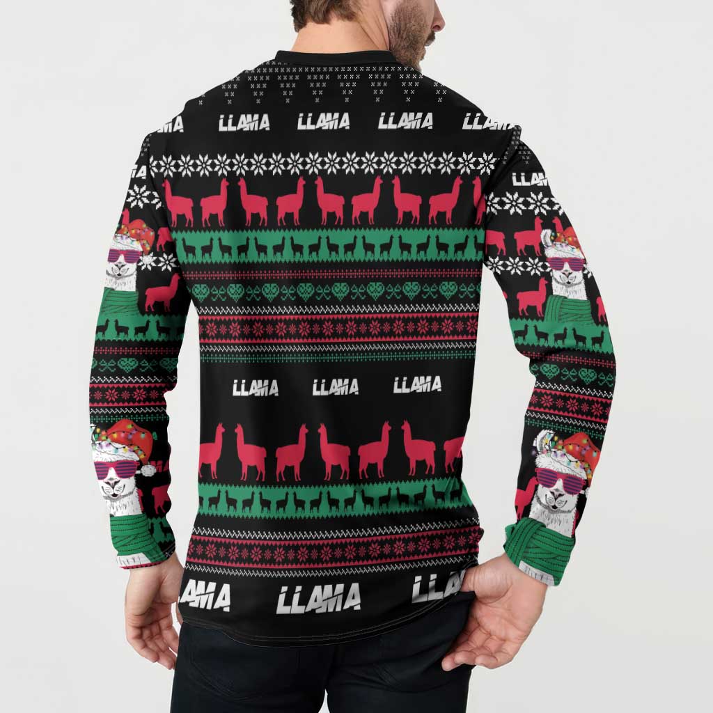 Black long-sleeve sweatshirt back with repeating llama and holiday stripe pattern
