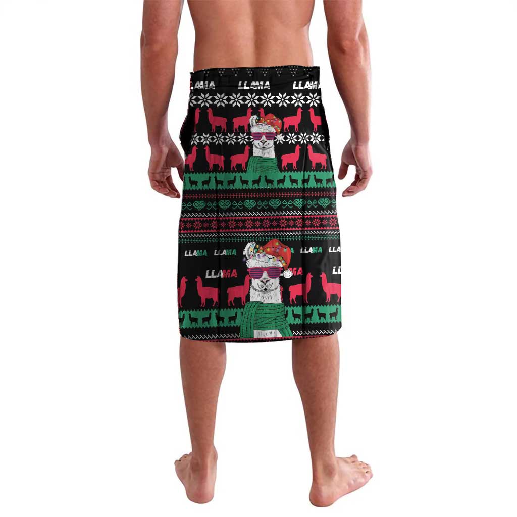 Black lavalava sarong with llama, Santa, and snowflake festive print