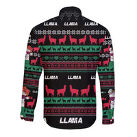 Black long-sleeve button shirt with holiday llama pattern and repeated Llama text, back view