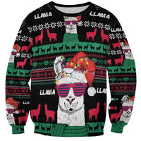 Black unisex llama Christmas sweatshirt with colorful llama and snowflake graphic