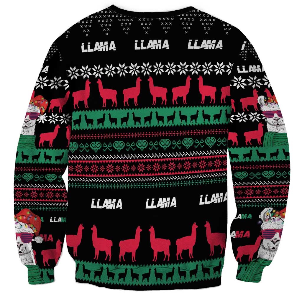 Black unisex llama Christmas sweatshirt with red llama and patterned border graphic