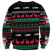 Black unisex llama Christmas sweatshirt with red llama and patterned border graphic