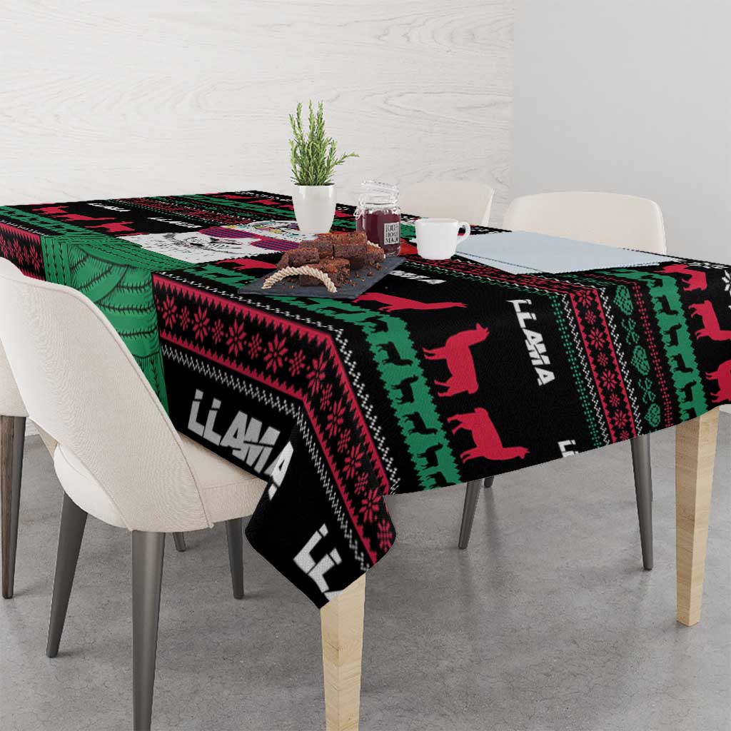 Llama tablecloth corner drape on chairs; black with green and red winter pattern