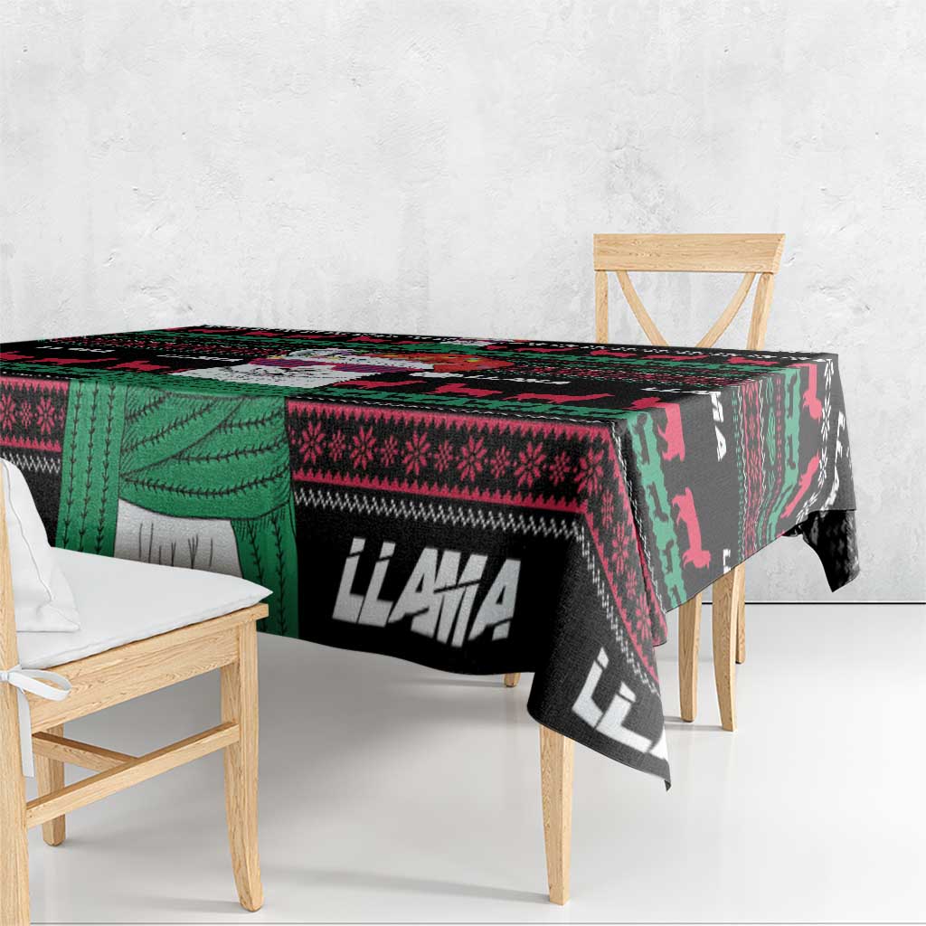 Llama Christmas tablecloth in black with green and red festive pattern and llama graphics