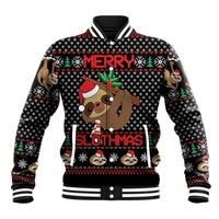 Black baseball jacket with festive sloth Christmas graphic and striped collar cuffs