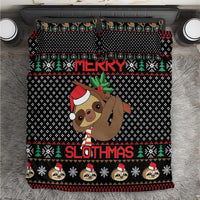 Black sloth Christmas bedding set with Santa-hat sloth, “MERRY” and “SLOTHMAS” text bands