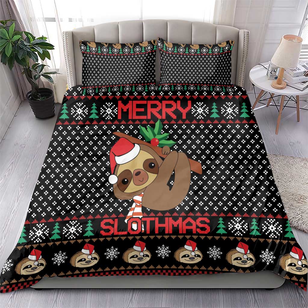 Black sloth Christmas bedding set featuring a Santa-hat sloth face and “MERRY SLOTHMAS”