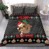 Black sloth Christmas bedding set featuring a Santa-hat sloth face and “MERRY SLOTHMAS”