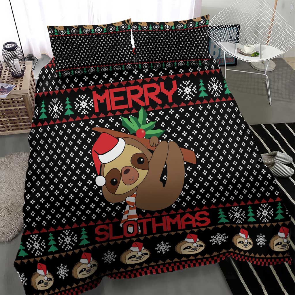 Black bedding set with Santa-hat sloth and “MERRY” word banner over festive pattern