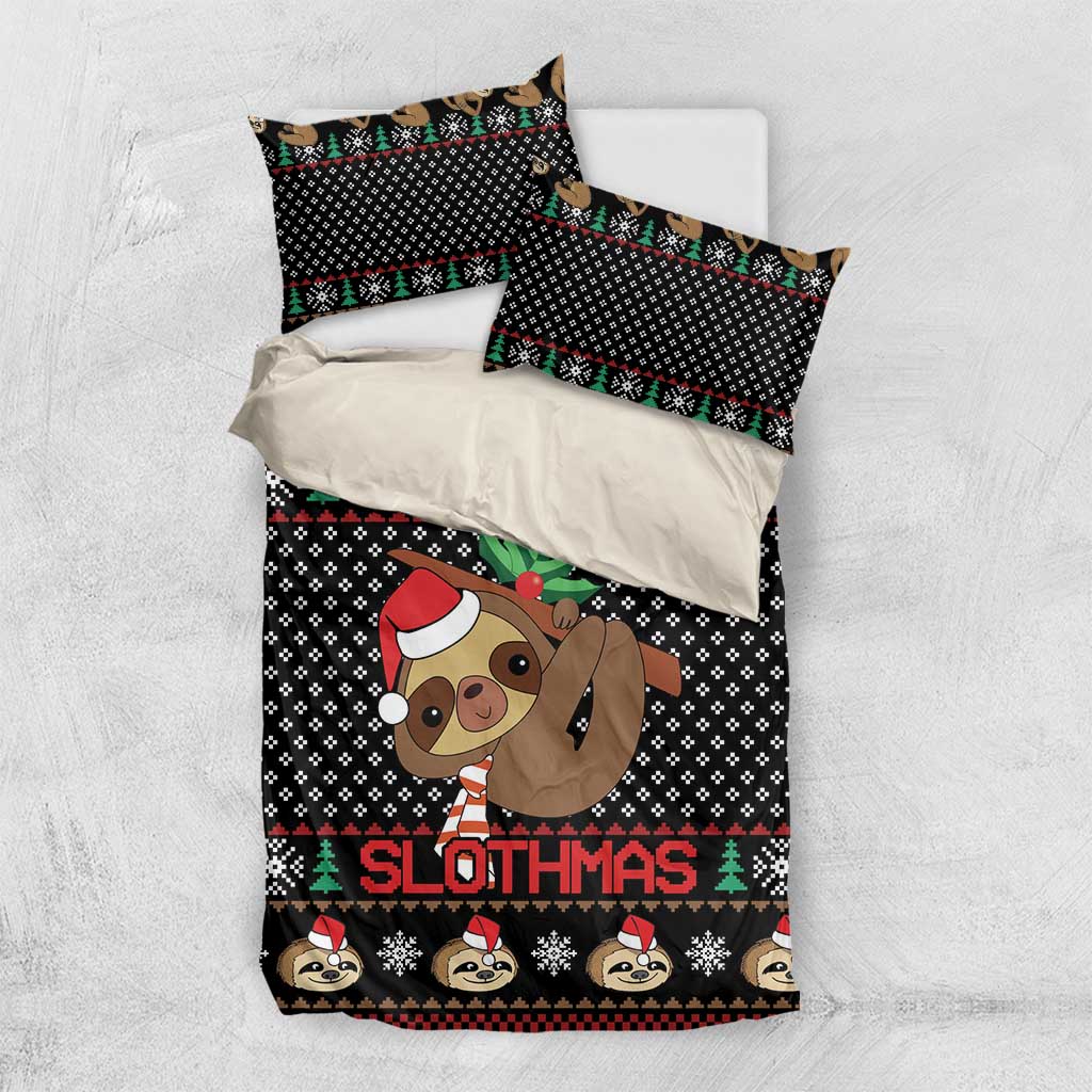 Black sloth Christmas bedding set with Santa-hat sloth, “SLOTHMAS” stripe, and pillow accents