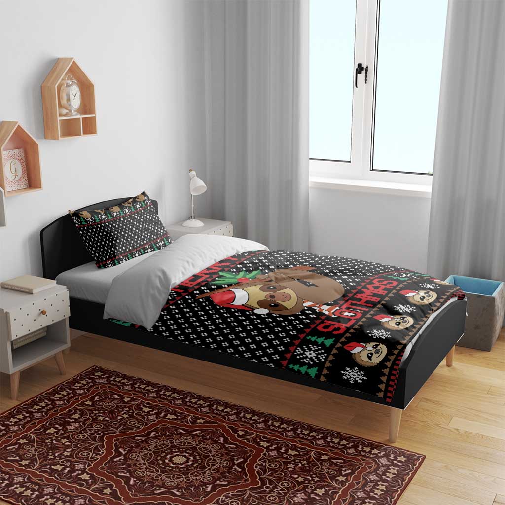 Black sloth Christmas bedding set with sloth artwork, green tree accents, and “SLOTHMAS”
