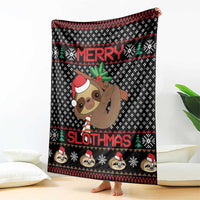 Black sloth Christmas throw blanket with 'Merry' 'Slothmas' typography and sloth characters
