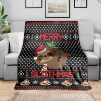 Black Christmas blanket with sloth cartoon face, 'Merry' and 'Slothmas' across the center